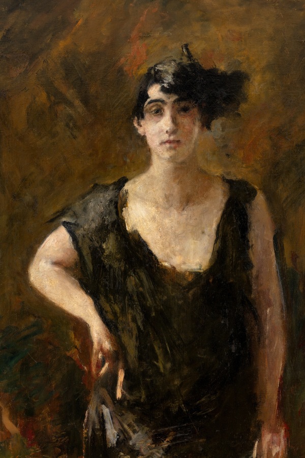 A detail of an oil painting of a woman dressed in black against an abstracted background of browns and orange.