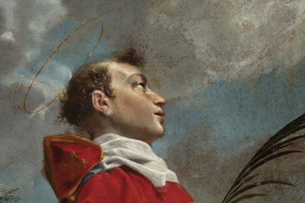 Detail des Gemäldes, das das Gesicht des heiligen Vinzenz darstellt.