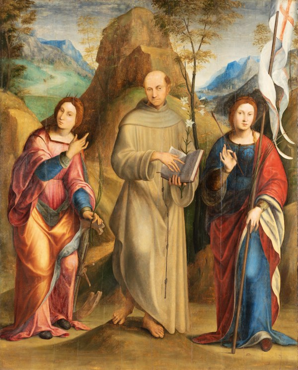 An oil painting of Saint Catherine, Anthony of Padua and Ursula, in a natural landscape. Saint Catherine on the left with a broken spiked wheel and sword. Saint Anthony holds a white lily and an open book. Saint Ursula, holding a flag and arrow.