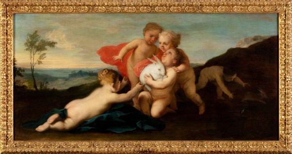 An oil painting of putti, the winged infants who either play the role of angelic spirits in religious artworks or act as instruments of profane love. The putti seen here are playing with a rabbit.