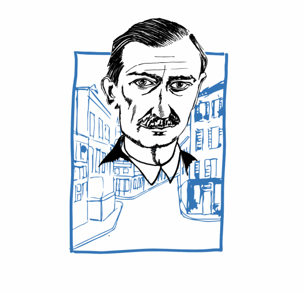 Sketched portrait of Maurice Utrillo with a blue cityscape.