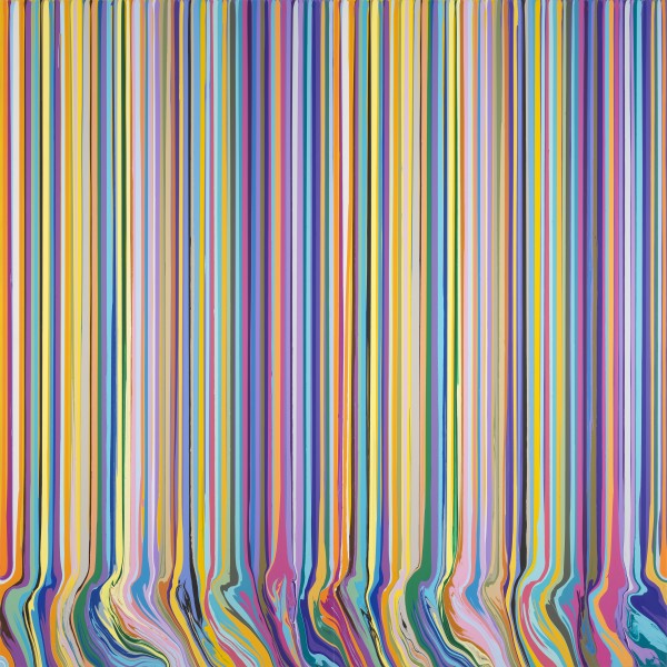 Ian Davenport, Yellow and Purple (Double), 2020, acrylic on aluminium mounted on aluminium panel, 200 x 200 cm (2 panels)