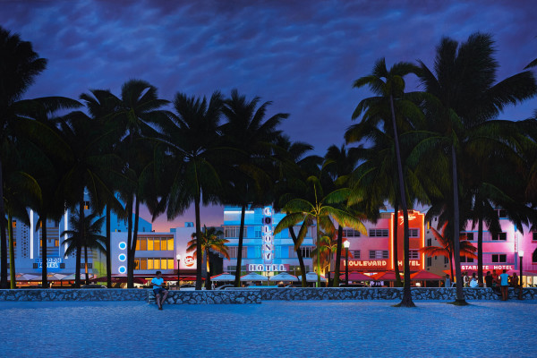 'Ocean Drive, South Beach, Miami', Oil on canvas, 120 x 250 cm