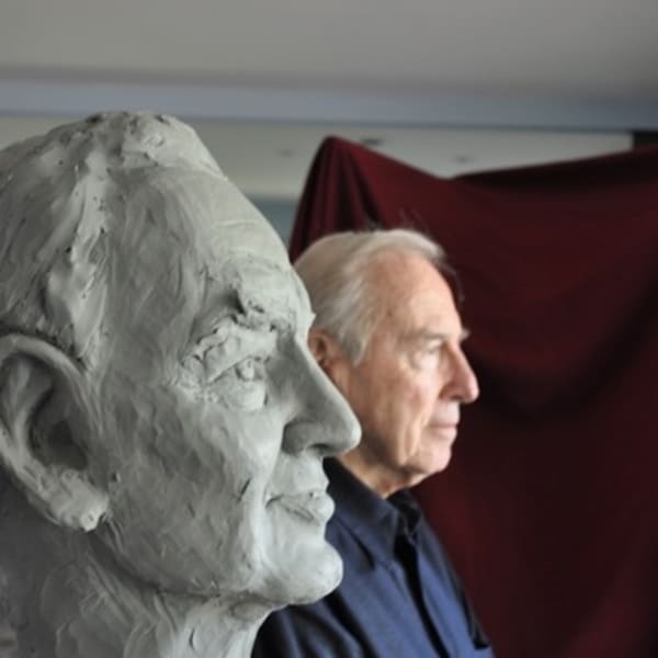 Captain James A. Lovell, sculpture portrait sitting with artist Marla Friedman, 2012. Photo courtesy of Hollis Taggart Galleries.