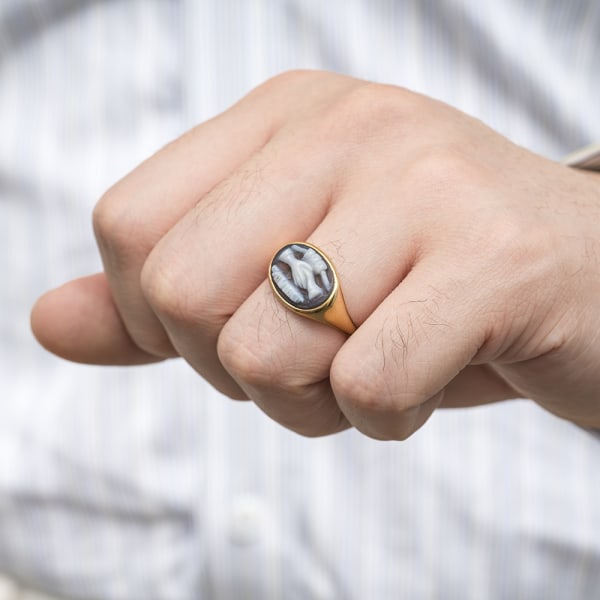 Gold Ring with Clasped Hands Cameo, on hand