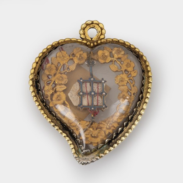 Reliquary Pendant of Saint Lawrence , Gilded silver, silver, enamel, rock crystal, bone, paper, sealing wax