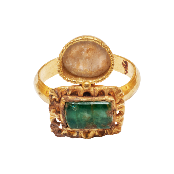 Gold Ring with Double Bezel, Set with Emerald and Rock Crystal