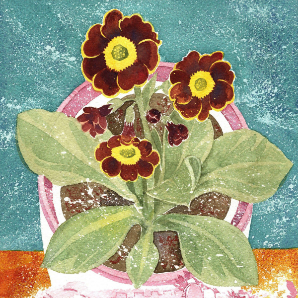 Auricula 'Autumn Fire' and Lustreware Landscape (detail), watercolour by Angie Lewin RWS RE