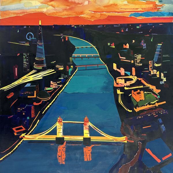 Sunset over Tower Bridge by Raina Goran ARWS, acrylic & collage (detail)
