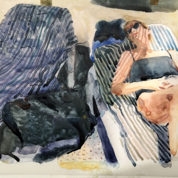 Mark Entwisle (winner of the Artist Prize 2023), Stripes Lounger, watercolour, 30 x 34cm