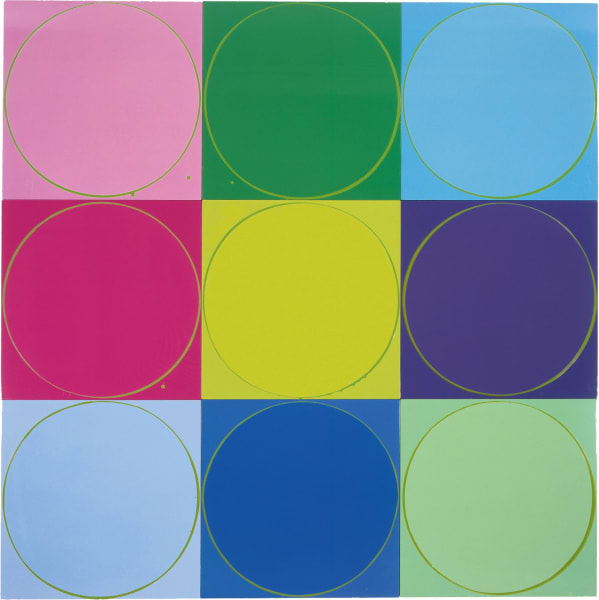 Untitled Circle Painting: 9 Multicoloured Panels with Green, 2005