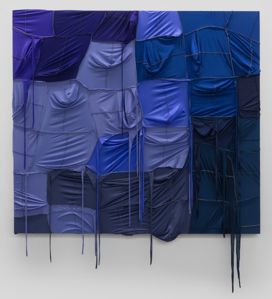 Anthony Olubunmi Akinbola CAMOUFLAGE #053 (Neptune), 2021 Acrylic and Du-rags on wooden panel 190 x 210 cm 74 3/4 x 82 3/4 inches