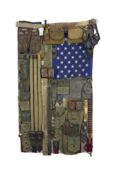 Sara Rahbar Flag #55 Land of the Free, 2017 Collected vintage objects on US vintage flag 152.4 x 101.6 cm 60 x 40 in