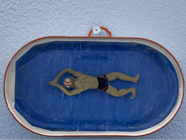 Maria Bußmann Lifeguard Swimmer (man), 2022 Tin box, cardboard, tempera colors, thread 15 x 8 x 2.5 cm 6 x 3 1/4 x 1 in