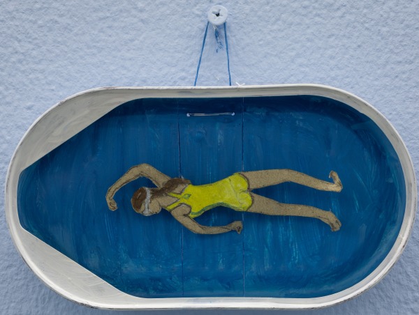 Maria Bußmann Lifeguard Swimmer (lady), 2022 Tin box, cardboard, tempera colors, thread 15 x 8 x 2.5 cm 6 x 3 1/4 x 1 in