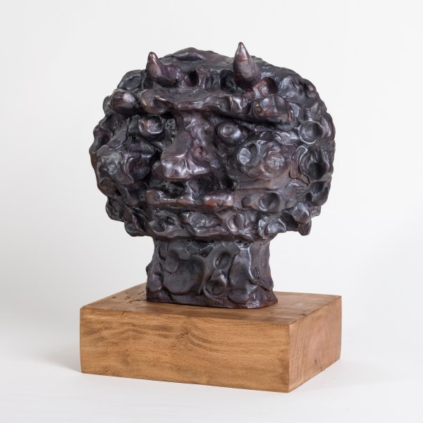 Amir Khojasteh Head of Div #10, 2024 Patinated bronze and wood (unique) 23 x 24 x 14 cm (excluding plinth) 9 x 9 1/2 x 5 1/2 in