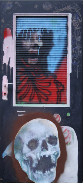Philip Mueller Rein und Raus, 2011 Acrylic, oil, and spray paint on standard toilet door with glass 194 x 90 cm 76 3/8 x 35 3/8 in