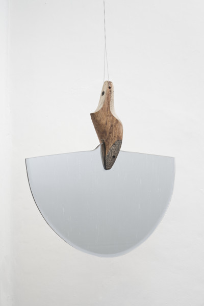 Omar Barquet 1st Pendular (For C. Brancusi), 2015 Mirror fragment manually altered, wooden show mold sanded and enameled, gold pin and string 50.8 x 50.8 x 10.2 cm 20 x 20 x 4 in Edition of 4 + 1 AP