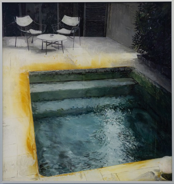 Gil Heitor Cortesāo Backyard Pool (Yellow) Oil on plexiglass 52 x 50 cm 20 1/2 x 19 3/4 in