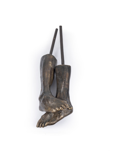 Sara Rahbar You cut to the bone (Confessions), 2019 White bronze and collected vintage object Right Leg 66 x 22.9 x 11.1 cm 26 x 9 x 4 3/8 in Left leg 71.1 x 22.9 x 10.2 cm 28 x 9 x 4 in