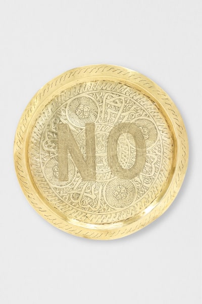 Anahita Razmi HEAVY METAL #04 „NO“, 2026 Collected and hand-engraved brass plates 31.5 x 31.5 cm 12 3/8 x 12 3/8 in