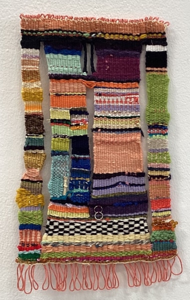 Jana Ghalayini Limited Too, 2023 Handwoven tapestry on a frame loom Cotton, wool, acrylic yarn , metal rings, glass beads 38 x 23 cm 15 x 9 in
