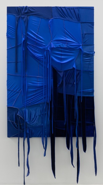 Anthony Olubunmi Akinbola CAMOUFLAGE #057 (Indigo), 2021 Acrylic and Du-rags on wooden panel 180 x 120 cm 70 7/8 x 47 1/4 in