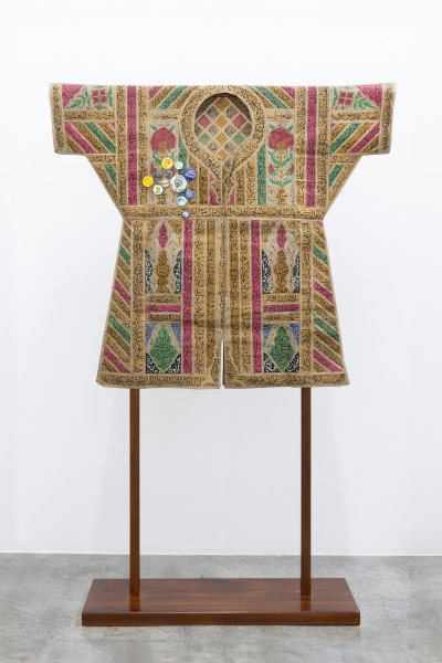 Anahita Razmi TALISMANIC POLARITIES #01, 2023 Islamic talismanic shirt & metal buttons 99 x 112 cm 39 x 44 in