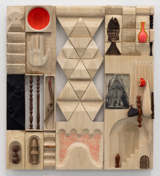 Edgar Orlaineta Mount Analogue, 2023 Wood, acrylic paint, palm rope, nylon, Indian ink and book (Mount Analogue by Rene Daumal) Three panels 93.5 x 84 x 13.5 cm overall 36 3/4 x 33 x 5 1/4 in overall