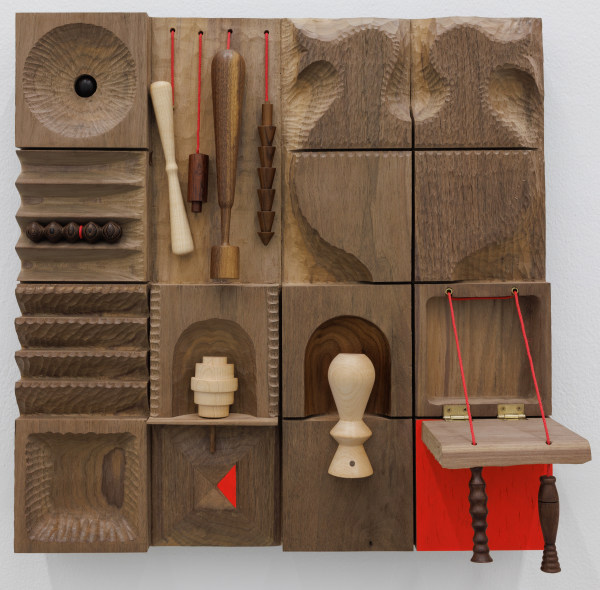 Edgar Orlaineta The craftsman cabinet, 2024 Wood, wax and acrylic paint and thread on board 50 x 50 x 9 cm 19 3/4 x 19 3/4 x 3 1/2 in