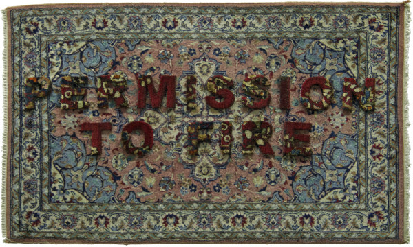Anahita Razmi Permission to fire, 2012 Hand woven wool carpet with laser cut letters 78 x 128 cm 30 3/4 x 50 3/8 in