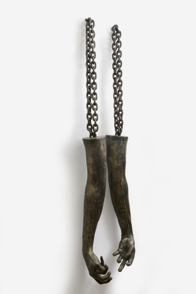 Sara Rahbar Separation (Confessions), 2015 Bronze and collected object Right hand: 107 x 10 x 11 cm + Left hand: 101 x 10 x 11 cm Right hand: 42 x 4 x 4 in + Left hand: 40 x 4 x 4 in