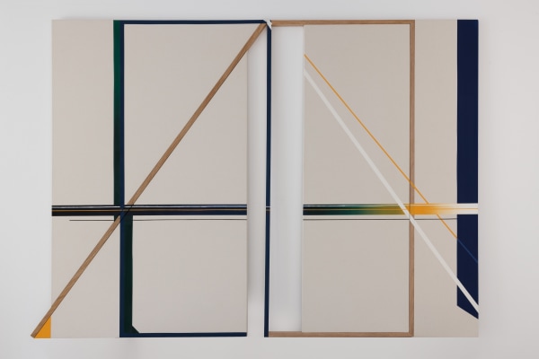 Sarah Almehairi Off Centered Temple, 2024 Acrylic on wood and canvas (Diptych) 150 x 210 cm (total) 59 x 82 3/4 in 150 x 110 cm (left piece) 59 x 43 1/4 in 150 x 100 cm (right piece) 59 x 39 1/4 in