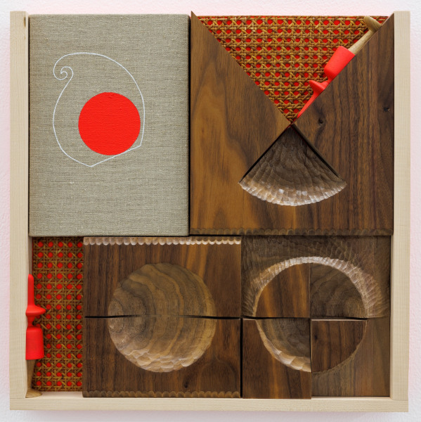 Edgar Orlaineta Half a Man, Half a Man, 2024 Wood, rattan, linen, wax and acrylic paint on board 50 x 50 x 9 cm 19 3/4 x 19 3/4 x 3 1/2 in