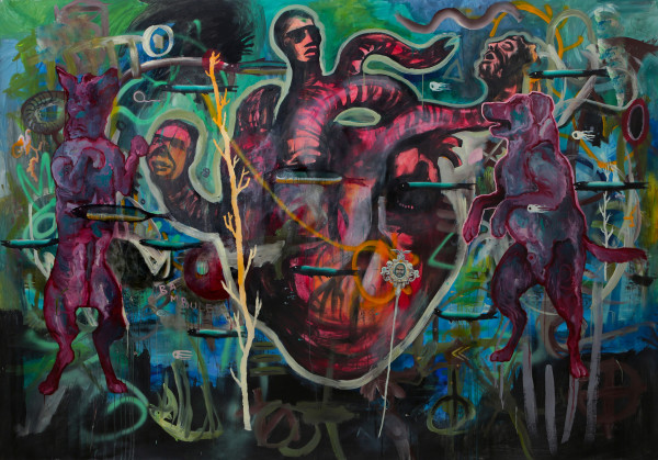 Philip Mueller Bambule im Gurkenglass, 2013 Oil, acrylic and lacquer on canvas 210 x 320 cm 82 5/8 x 126 in