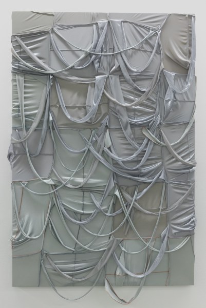 Anthony Olubunmi Akinbola CAMOUFLAGE #058 (Callisto), 2021 Acrylic and Du-rags on wooden panel 180 x 120 cm 70 7/8 x 47 1/4 in