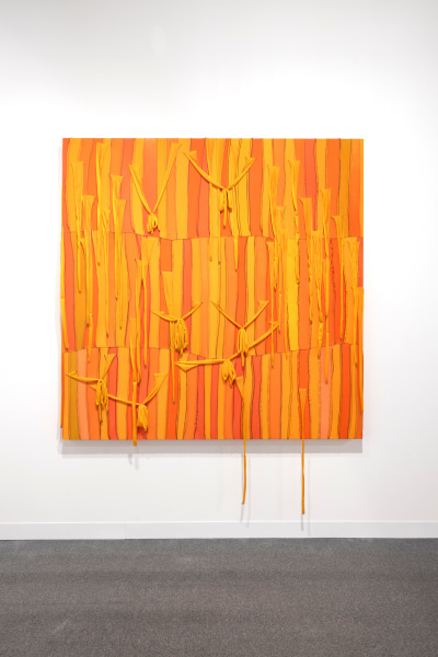 Anthony Olubunmi Akinbola Orange Soda Shorty / "I do I do I do oo" , 2023 Durags on wooden panel 182.9 x 182.9 cm 72 x 72 in