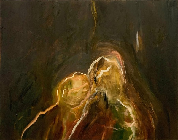 Nour Malas Boy leaning on woman , 2023 Oil on panel 27.9 x 35.6 cm 11 x 14 in