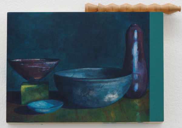 Edgar Orlaineta Untitled, 2024 Oil, acrylic paint on board, and wood element Painting: 20 x 28 x 3.1 cm 7 3/4 x 11 x 1 1/4 in Wood element: 12.2 x ø 2 cm 4 3/4 x ø 3/4 in