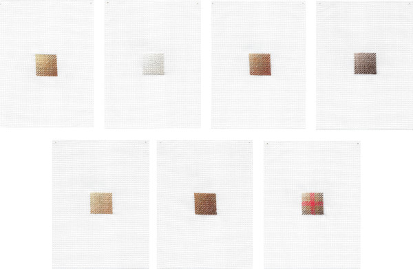 Sarah Almehairi Patterns We Use 1-7, 2018-2019 Hand embroidery Seven panels 18.5 x 14 cm each 7 1/4 x 5 1/2 in each
