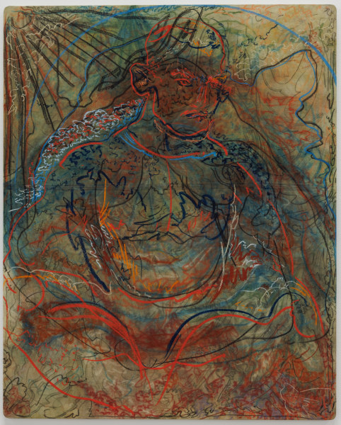 Malik Thomas Jalil Mechanic sat on the pilgrims way, coquille saint jacque, 2024 Charcoal, pastel, sage dyed on silk 59 x 81 cm 23 1/4 x 32 in