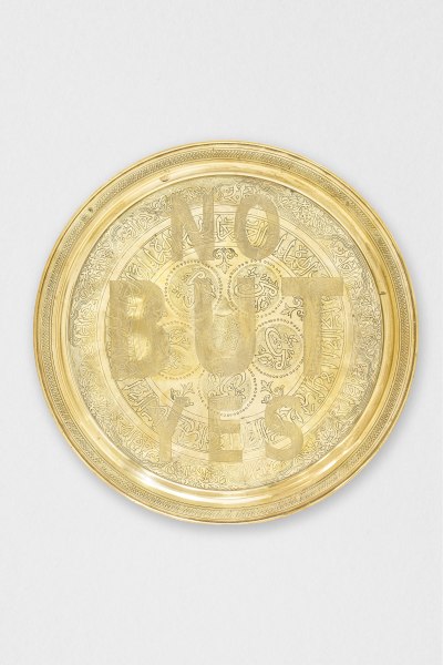 Anahita Razmi HEAVY METAL #02 „NO BUT YES“ , 2026 Collected and hand-engraved brass plates 59 x 59 cm 23 1/4 x 23 1/4 in