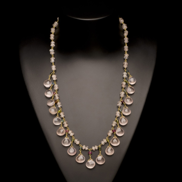 Rose Quartz and Tourmaline Petal Necklace