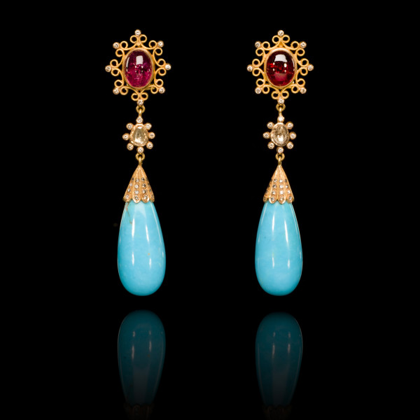 Diamond, Rubellite and Turquoise Drop Earrings
