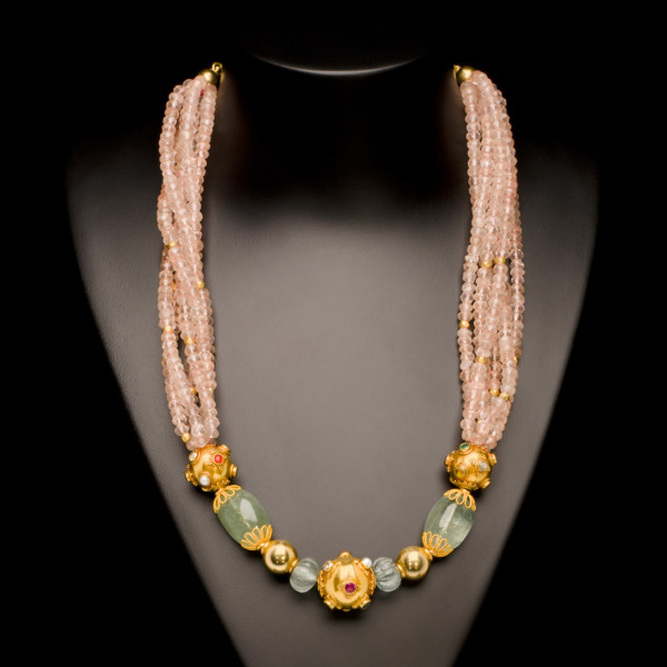 Rose Quartz, Green Beryl, Aquamarine and Gold Bead Necklace