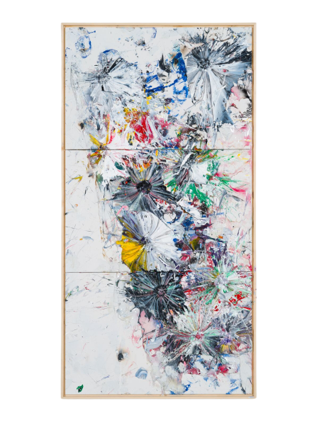 M aka Michael Chow Wild Flower No. 3, 2023 Acrylic paint, handmade sterling silver, acrylic paint, egg yolks preserved in resin, egg shells and found plastics on canvas 77 1/4 by 40 by 1 1/2 in 196.2 by 101.6 by 3.8 cm