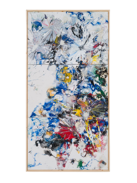 M aka Michael Chow Wild Flower No. 8, 2023 Acrylic paint, handmade sterling silver, acrylic paint, egg yolks preserved in resin, egg shells and found plastics on canvas 77 1/4 by 40 by 1 1/2 in 196.2 by 101.6 by 3.8 cm