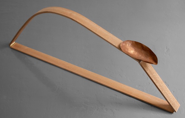 Maria Positano Keep me Here Hand shaped copper bowl on steam bent Sapele wood 45 x 100 x 5 cm 17 3/4 x 39 3/8 x 2 in