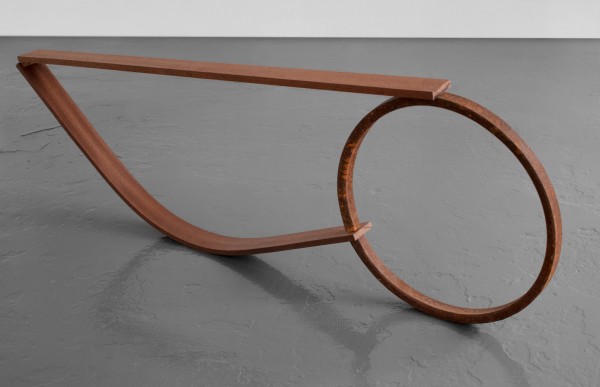 Maria Positano Pick me Up Rusted steel found object on steam bent Sapele wood 50 x 140 x 5 cm 19 3/4 x 55 1/8 x 2 in