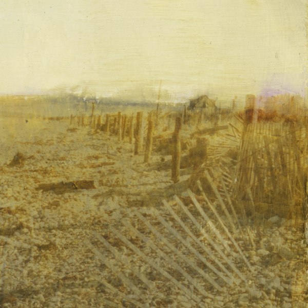 Dorothy Simpson Krause, Shack in the Dunes, 2006, UV cured flatbed print with silver leaf and mixed media, 32 x 32 in.